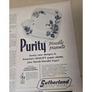 Vintage 1954 Purity Paper Plates Sutherland Paper Co Rose Floral Print Ad